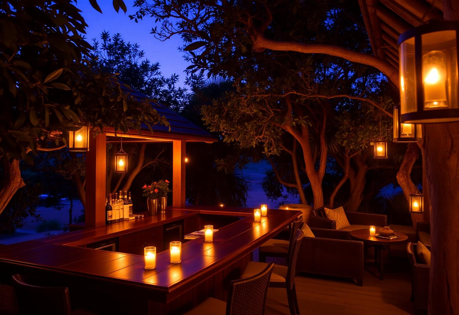 Lantern-lit lounge and bar at LAWRENCE LIZ VILLE APARTMENT AND HOTEL, Awoyaya, Ibeju-Lekki